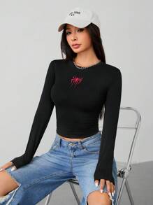 SHEIN PETITE Camiseta de manga larga de punto de alta elasticidad con gráfico de araña para mujer