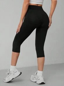 SHEIN PETITE 休闲黑色高腰3/4长紧身打底裤，适合夏季穿着 - 黑色 - 查看 2