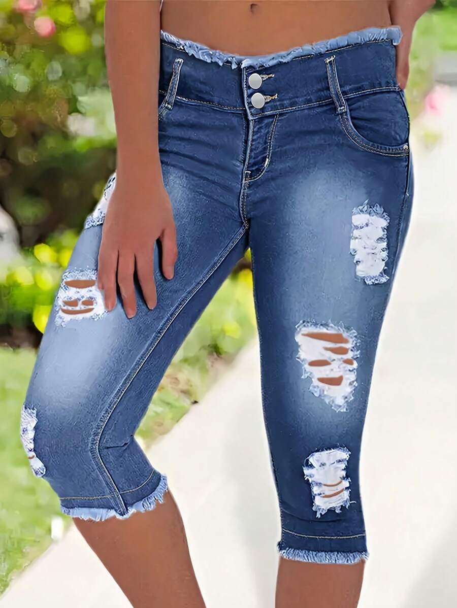 Women's Fashion Ripped Fringed Elastic Waist Skinny 3/4 Pants