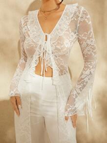 L'Amorae Lace Ruffle Tie Overlay Jumpsuit - White - View 2