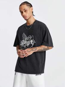 Manfinity VCAY Playera de manga corta con estampado de copos de nieve para hombre con letras en inglés y diseño de ángel pequeño, ajuste holgado, adecuada para el verano