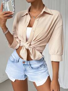 SHEIN EZwear 實心下垂肩按鈕前沙灘襯衫 - 杏色 - 查看 5