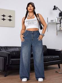 SHEIN ICON Jeans rectos de tiro alto con cinturón, presillas, bolsillos normales y pierna holgada con estampado de letra para tallas grandes