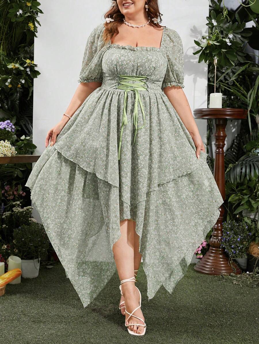 SHEIN MOD Plus Size Square Neckline Romantic Asymmetrical Hem Vacation Dress - Green - View 1