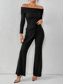 SHEIN Privé Women's Off Shoulder Top And Flared Pants - Black - View 3