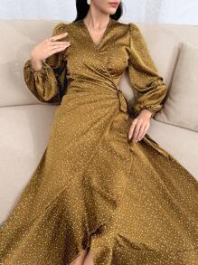 Modelyn فستان نسائي بأكمام طويلة يومي أنيق وبسيط مطبوع - بني - مشاهدة 5