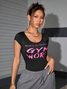 Easithlete One-Piece Slim Fit Sports Bodysuit With Clean Running Slogan - Black - View 1