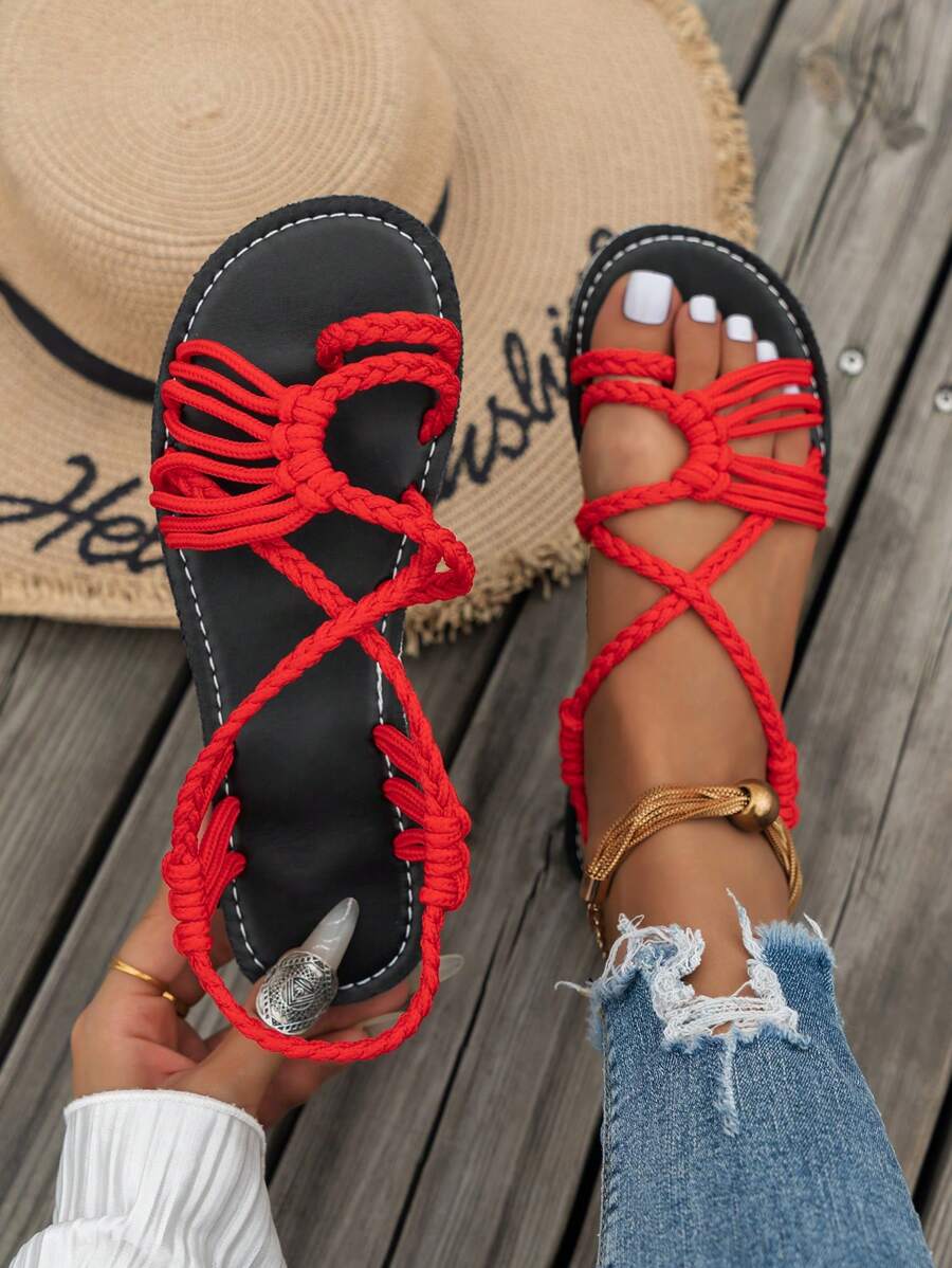 Women's Red Flat Rope Sandals, Slip-On Woven Design, Comfortable And Open Toe Sandals