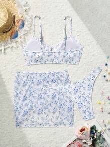 Swim Mod Summer Beach Floral Printed Spaghetti Strap Knot Bikini Set With Drawstring Skirt, 3pcs/Set In Random Print - Multicolor - View 2
