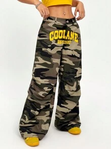 SHEIN EZwear Quần ống đứng in chữ ngụy trang phong cách bạn trai thường ngày dạo phố, thời trang thời trang, quần áo trở lại trường - xanh quân đội - Xem 6