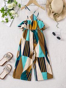 Young Girl Woven Geometric Pattern Halter Neck Jumpsuit With Ruffle Trim, Sleeveless And Cinched Waist - Multicolor - View 2