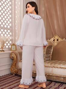 PalaceNights Plus Floral Print Ruffle Trim Flare Sleeve PJ Set / Pajama Set - Baby Pink - View 2