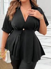 Celure Plus Size Summer Casual Solid Color Wrap Waist Blouse