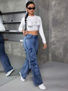 SHEIN ICON Women's Washed Workwear Straight Leg Jeans - Dark Wash - View 5