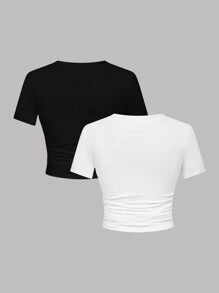 SHEIN Girlism Tween Girl 2 件套万圣节套装，红色休闲圆领长袖 T 恤，带有简单的蜘蛛图案