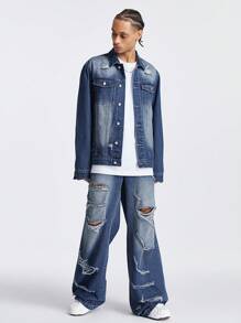 Chillumni Men's Deep Blue Ripped Denim Streetwear Set