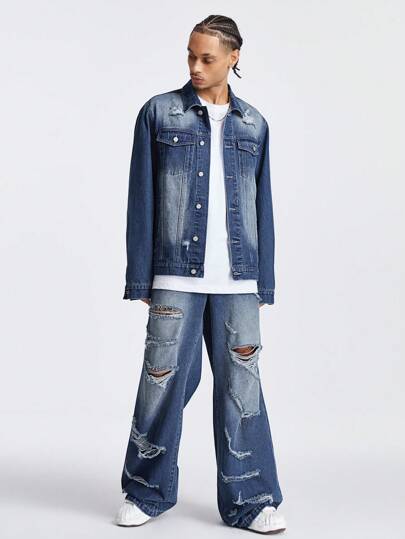 Manfinity Hypemode Men's Deep Blue Ripped Denim Streetwear Set