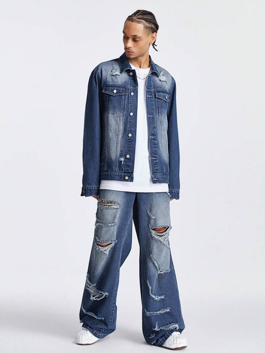 Chillumni Men's Deep Blue Ripped Denim Streetwear Set