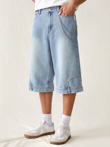 Manfinity Hypemode Men's Light Blue Loose Denim Shorts With Pockets JORTS UC - Light Wash - View 3