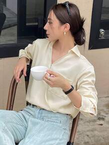 DAZY Solid Color Oblique Placket Long Sleeve Lady Shirt With Fitted Pocket - Apricot - View 7