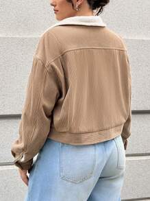 SHEIN EZwear Plus Drop Shoulder Teddy Lined Corduroy Jacket, For Winter - Khaki - View 2