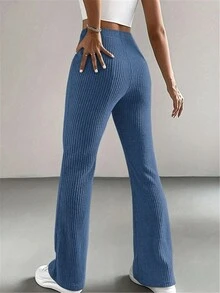 Solid Color Ribbed Simple Casual Long Pants - Blue - View 2