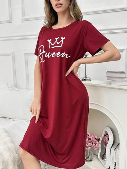 Letter Print Short Sleeve Shirt Long Pajama Night Dress, Moo Sleep Dress view 5