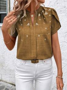 SHEIN Clasi 夏季休閒刺繡領口短袖襯衫 - 鏽棕色 - 查看 5