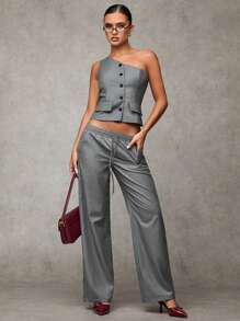 SHEIN BAE Chaleco blazer de unicolor, estilo diario simple, con cuello asimétrico, estilo old money, atuendo de maestra, atuendo seductor de oficina, ropa de mujer de negocios, ropa de otoño para mujer - Gris - Ver 2