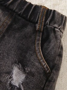 年輕女孩口號圖案T恤和破洞未整邊短牛仔褲 - 灰色 - 查看 4