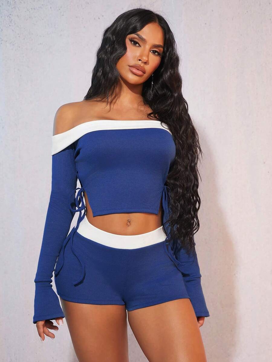 SHEIN SXY 季節秋季服裝，舒適休閒秋季服裝，女士荷邊長袖襯衫，側面綁帶和荷邊袖口，配緊身短褲，2件套休閒運動服裝 - 藍色 - 查看 1