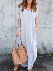 EMERY ROSE Solid Split Side Dress For Summer - Light Grey - View 1