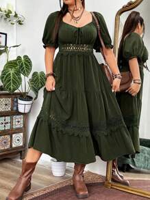 Flirla Plus Size Holiday & Leisure Solid Color Lace Patchwork Dress With Sweetheart Neckline - Army Green - View 1