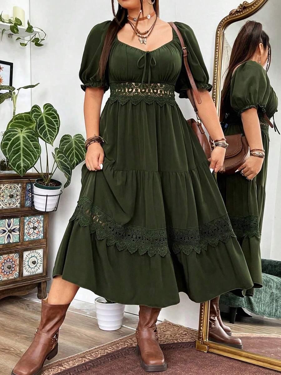 Flirla Plus Size Holiday & Leisure Solid Color Lace Patchwork Dress With Sweetheart Neckline - Army Green - View 1
