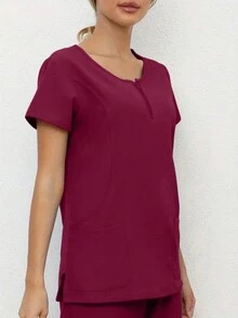 女式短袖护士制服手术服套装（带裤子和口袋） - 酒紅色 - 查看 4