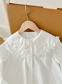 SHEIN Leap Crew 運動/休閒純色織物Peter Pan領長袖上衣，適用於女童 - 白色 - 查看 8