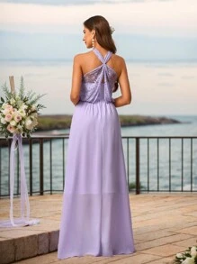 SHEIN Belle Vestido de dama de honor de línea A holgado y sin espalda, elegante y romántico con parches de encaje y chifón de color lila claro con cierre de gancho y ojo al cuello estilo halter - Púrpura malva - Ver 3