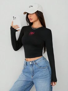SHEIN PETITE Camiseta de manga larga de punto de alta elasticidad con gráfico de araña para mujer
