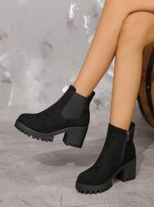 Women's New Style Boots Spring Autumn Winter Black Minimalist Side Zipper Round Toe Wedge Heel Thick Platform Faux Suede Chelsea Ankle Boots Fashionable Comfortable Elegant Short Boots - Black - View 2
