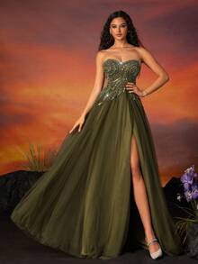 VIPGIRL 高端奢华手工刺绣串珠晚礼服，具有独特感，优雅正式舞会婚礼宾客礼服，适合毕业典礼、晚宴 - 軍綠色 - 查看 5