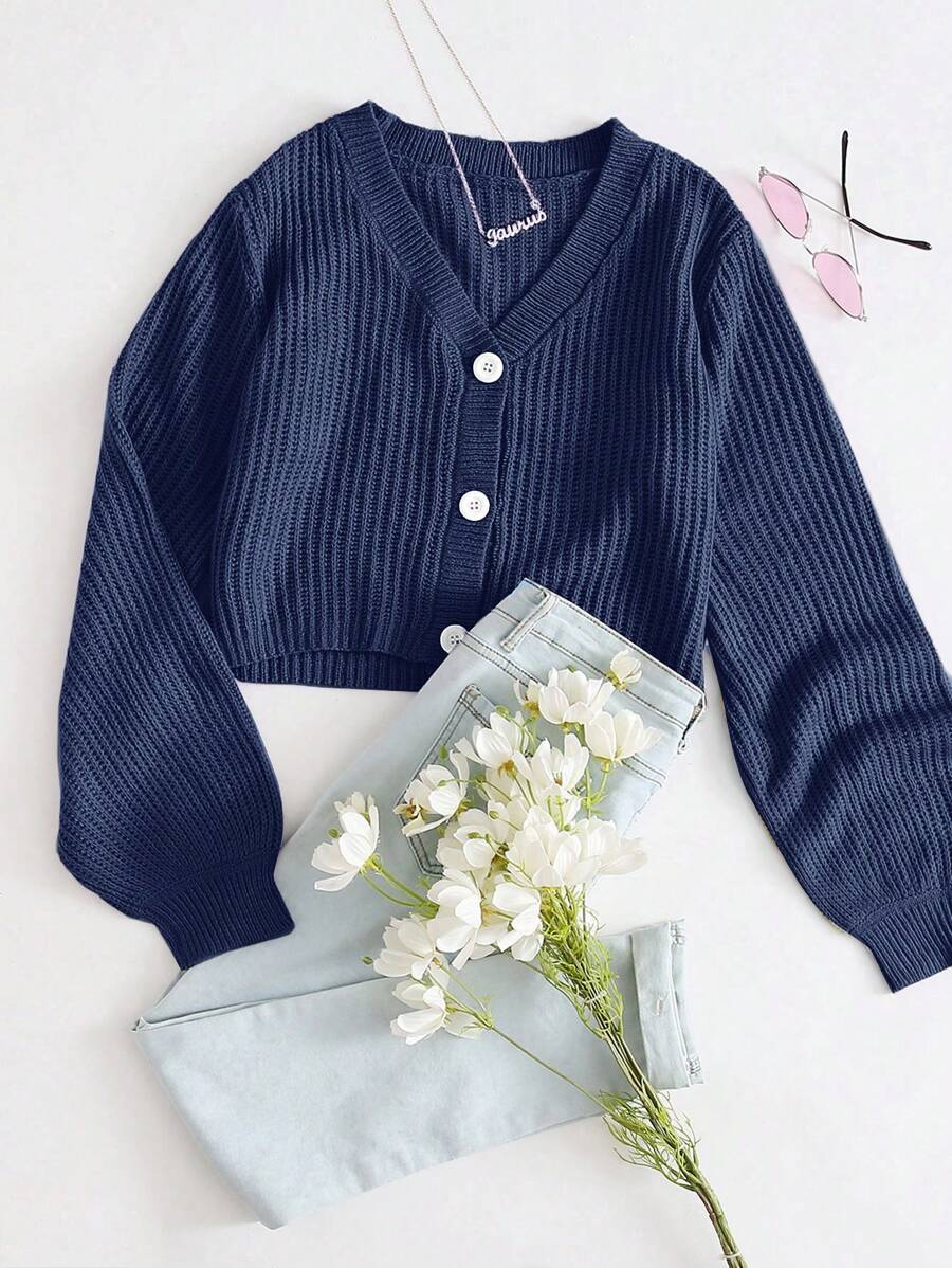 SHEIN Cottnline Cárdigan crop unicolor con botón delantero - Azul Marino - Ver 1