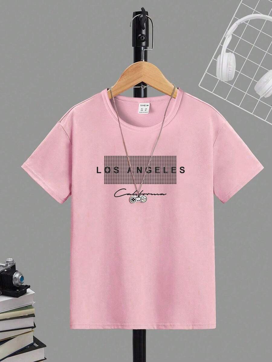 SHEIN Tween Boy 1pc Fashionable Letter Print Basic Round Neck Short Sleeve T-Shirt Summer Holiday - Pink - View 1
