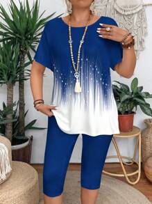 Set estivo casual composto da Maglietta a maniche corte a blocchi di colore e leggings per donne taglie forti, vestibilità slim