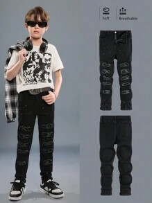 SHEIN Tween Boys' Black Distressed  White Paint Splatter Ripped Frayed Patchwork  Jeans,For Spring/Summer - Black - View 1