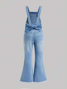 SHEIN Overol de mezclilla azul lavado con campana y decoración de moño para niña joven casual - Lavado ligero - Ver 3