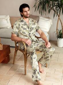 Men's Simple Print Short Sleeve And Long Pants Home Clothing Set - Khaki - View 3