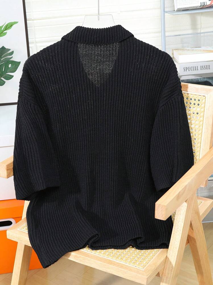 Claim Dot Men Solid Zipper Rib-Knit Drop Shoulder Knit Top - Black - View 2