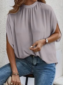 EMERY ROSE Women's Casual Solid Color Simple Daily Mid-Sleeve Blouse Top - Grey - View 3