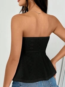 SHEIN EZwear 镂空刺绣纯色荷叶边抹胸上衣 - 黑色 - 查看 2