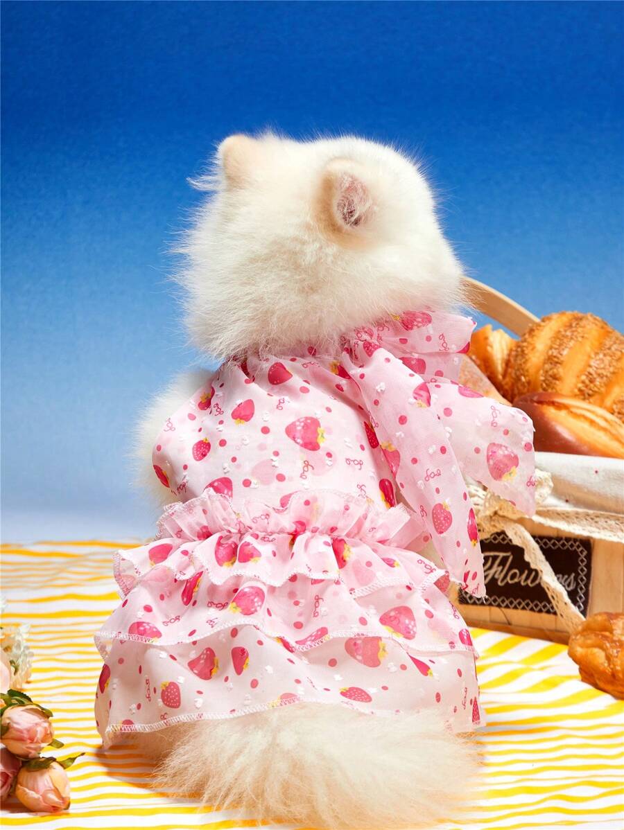 PETSIN Pet Cat & Dog Rochie universală roz și căpșuni cu buline imprimate șifon cu papion decolteu